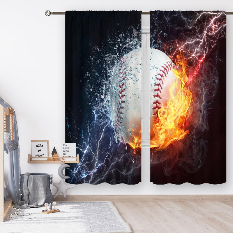 Cinbloo Baseball Curtains Sports Theme for Men 42W x 63L Inch Rod Pocket Ball in Fire Water Flame Lightening Boys Kids Bedroom Decor Art Printed Living Room Window Drapes Treatment Fabric 2 Panels - Image 3